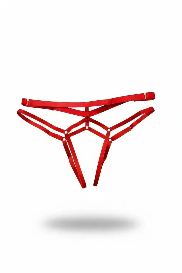 Red satin-finish elastic strap thong harness with triple front straps and gold-tone O-ring connectors, adjustable waistband