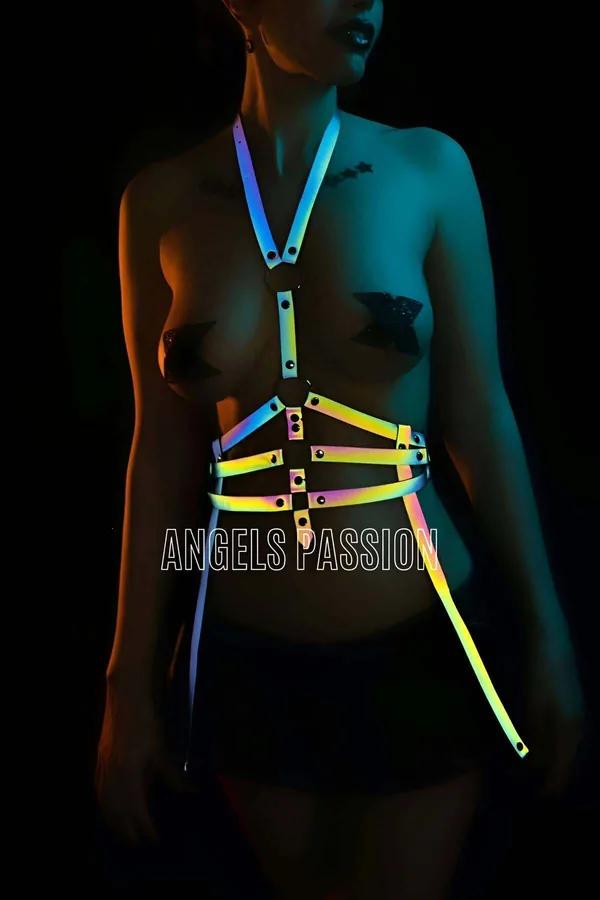 rainbow reflective harness under spotlight neon yellow green blue pink strap effect halter neck with garter straps