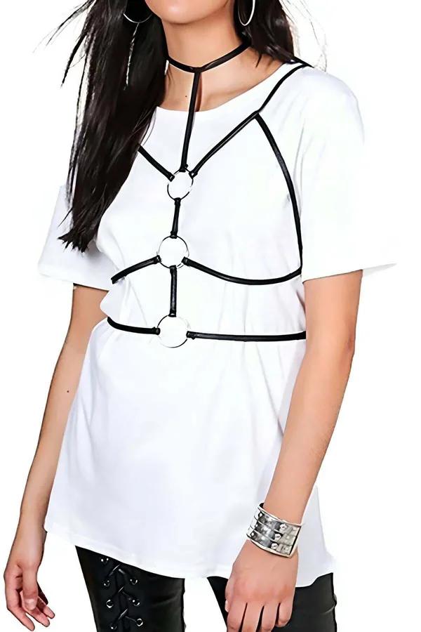 black faux leather choker neck body harness with four silver O-rings worn over white t-shirt