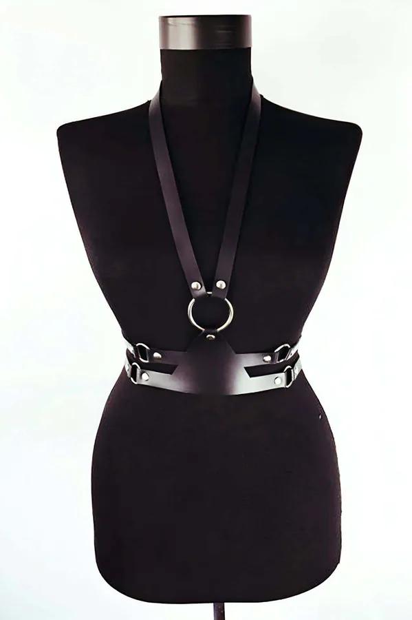 black vegan leather chest harness with silver O-ring waistband V-cut neck strap on model