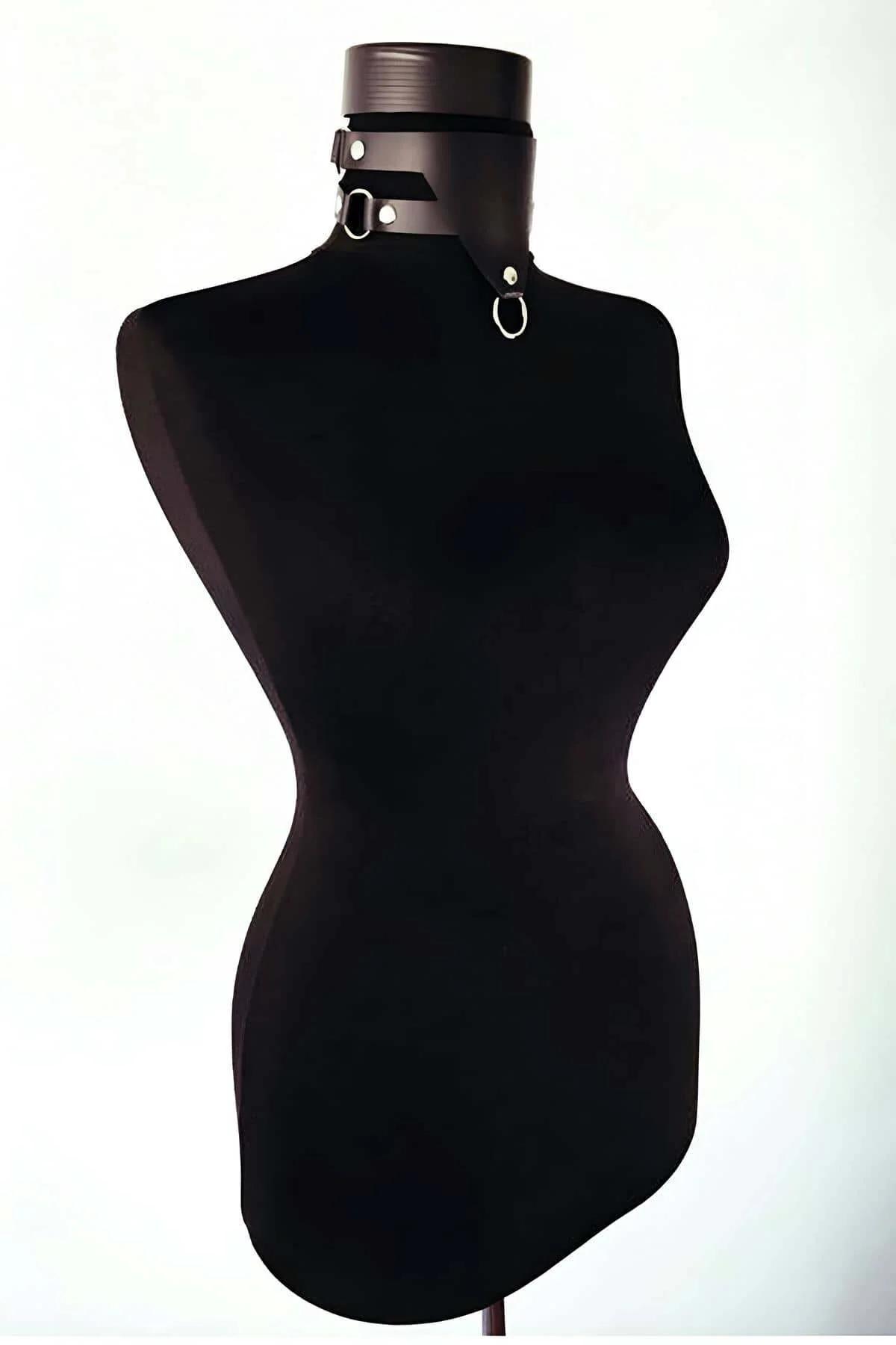 close-up of silver O-ring drop and riveted studs on black PU leather choker band
