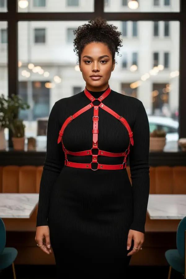 red faux leather caged chest harness with gold-tone O-rings and front buckle worn over black turtleneck