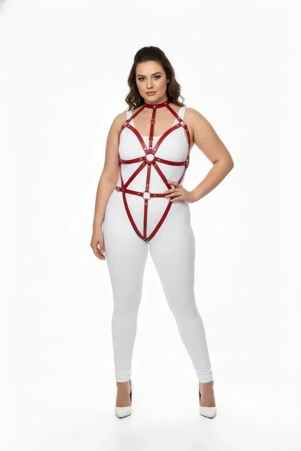 Red vegan leather full body harness with O-ring chest detail, choker collar, geometric strap pattern, silver-tone hardware