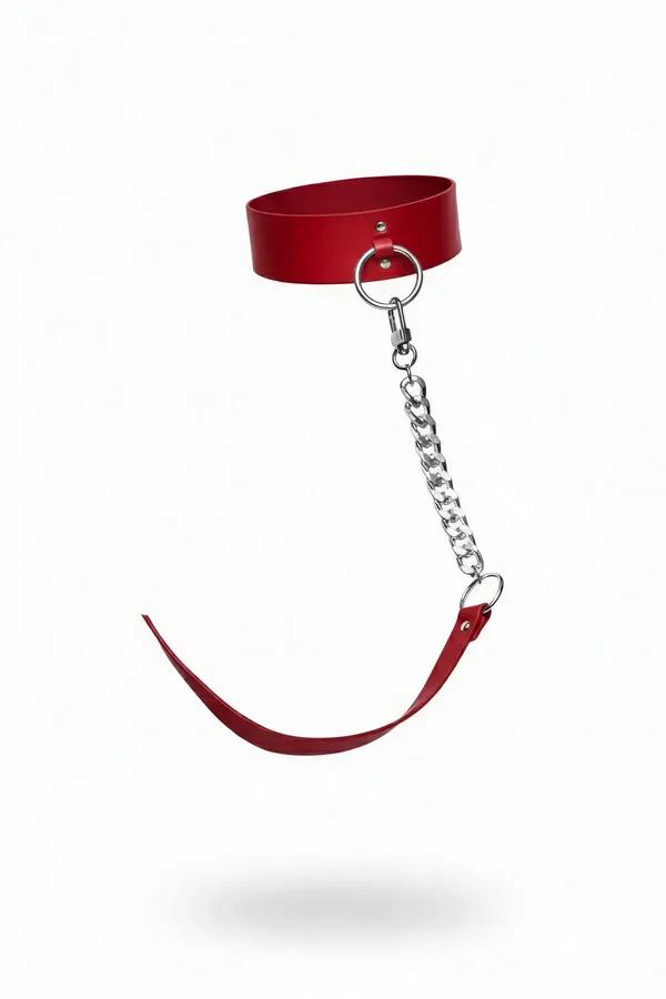 kırmızı vegan deri choker kolye gümüş metal halka ve zincir detaylı ayarlanabilir bant