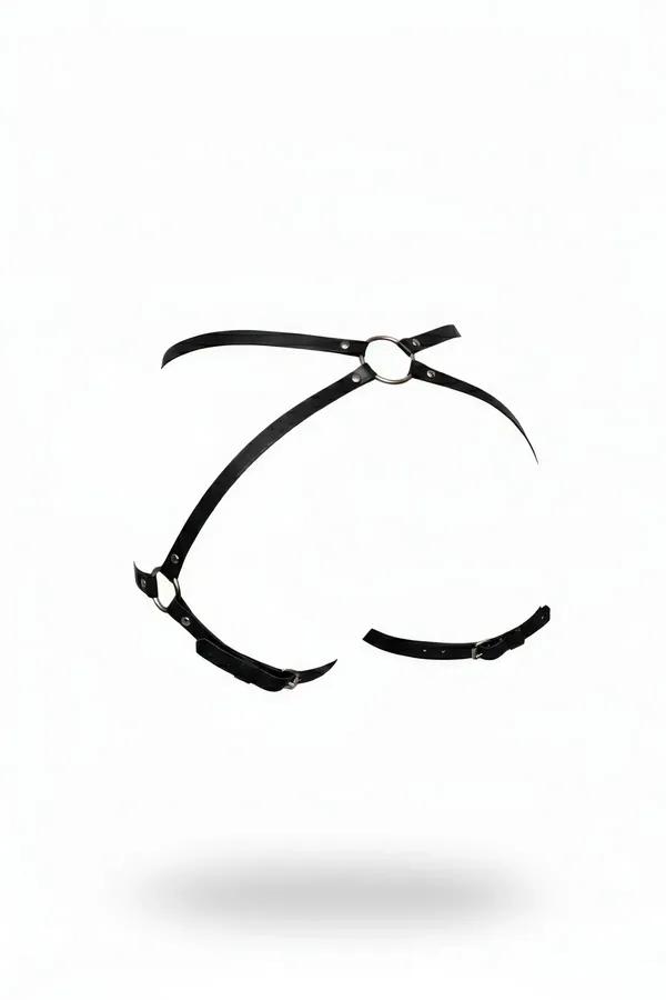 Black faux leather harness thong with silver O-ring center and adjustable buckle straps on white background