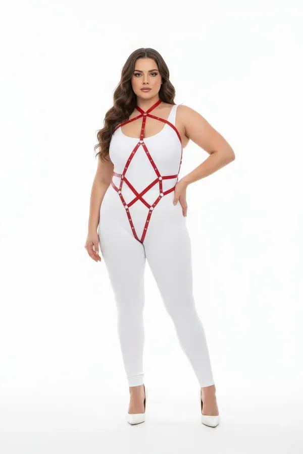 Red faux leather full body harness with silver O-ring accents and geometric diamond strap pattern worn over white bodysuit