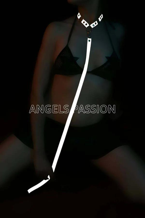 Black reflective choker harness with detachable leash glowing silver-white in low light, silver metal O-ring hardware at cent