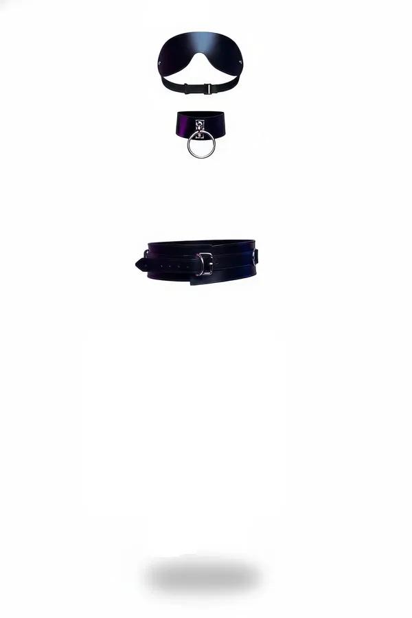 Black faux leather three-piece set: contoured eye mask, O-ring collar, and wide waist belt with silver buckle hardware