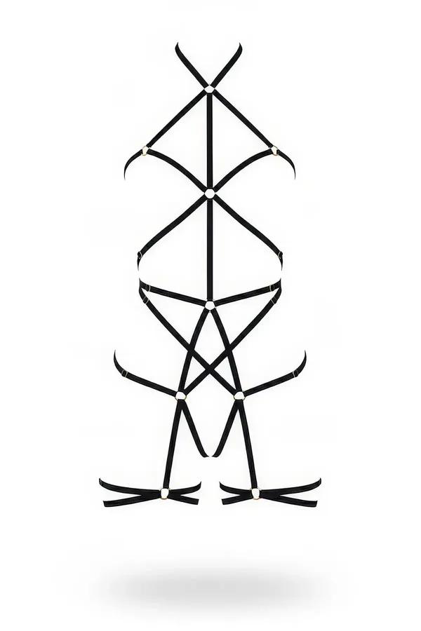 Black elastic cage body harness with silver O-rings geometric strap pattern chest to thigh