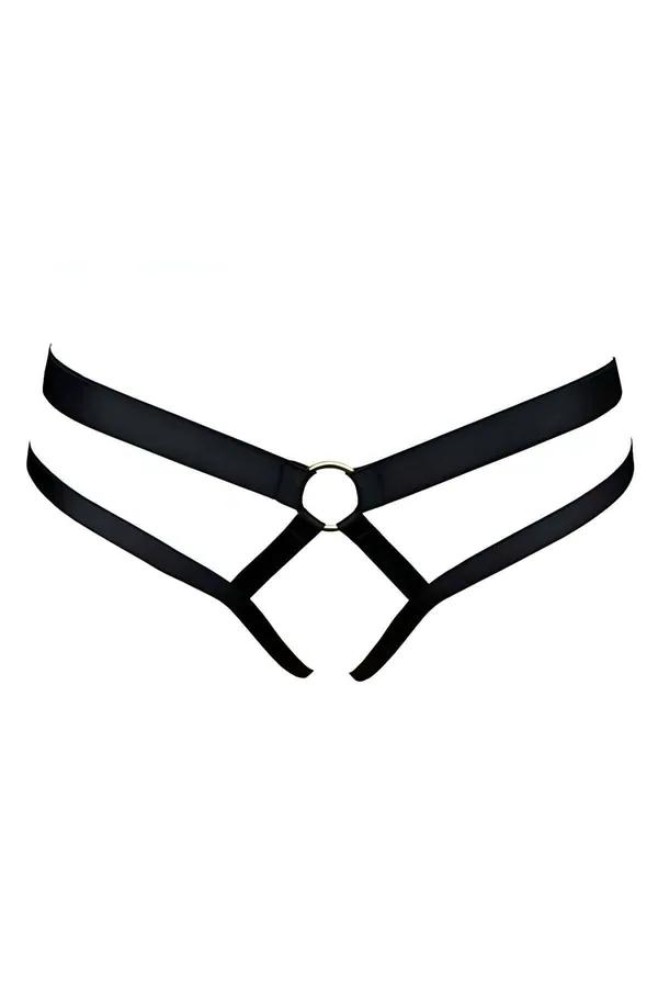 Black strappy O-ring thong harness with dual elastic waistbands and gold-tone center ring, front view