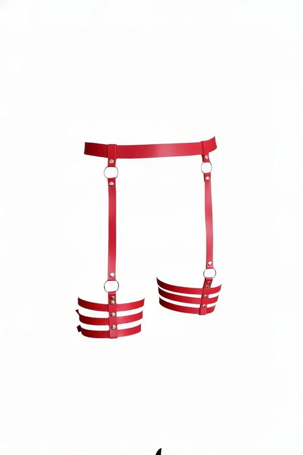 Red faux leather multi-strap thigh garter harness with adjustable waist belt and silver O-rings