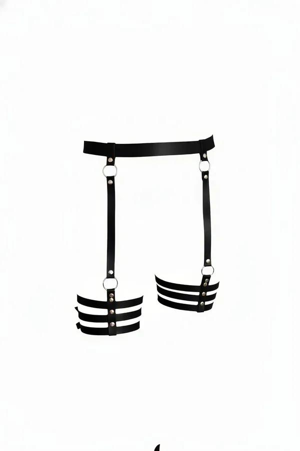 Black faux leather triple-strap thigh garter harness with silver O-ring connectors and stacked leg cuffs