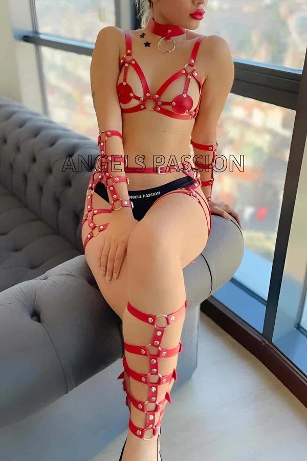 Red vegan leather full body strappy harness set with silver O-rings, including choker, bra, arm cuffs, hip belt, thigh and le