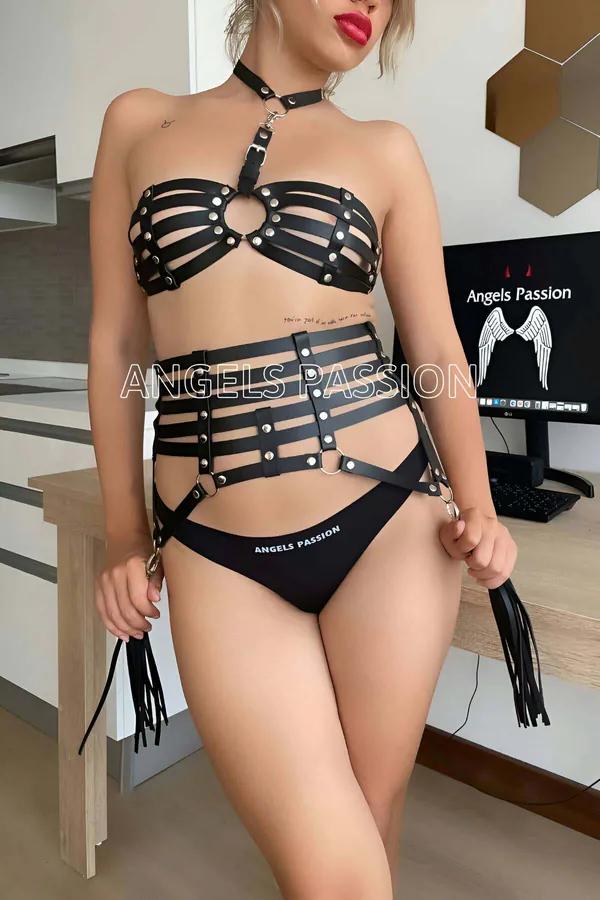 black faux leather full body harness set with cage bra silver studs O-ring waist belt and fringe tassels