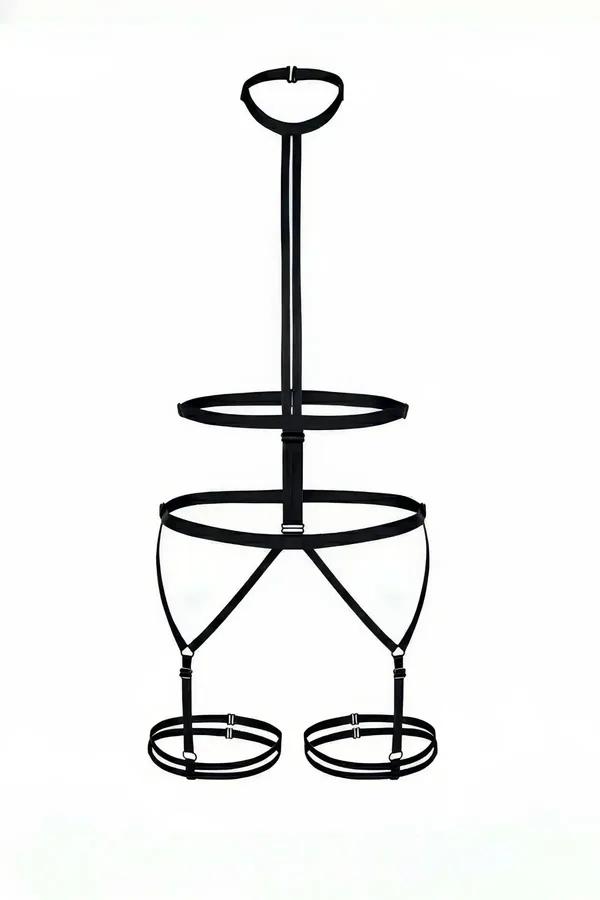 Black high neck body harness with dual waist bands and double thigh garter rings, silver-tone buckles, flat lay on white back