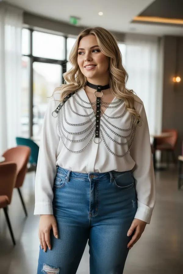 büyük beden siyah vegan deri harness gümüş çok sıralı zincir detaylı vücut aksesuarı
