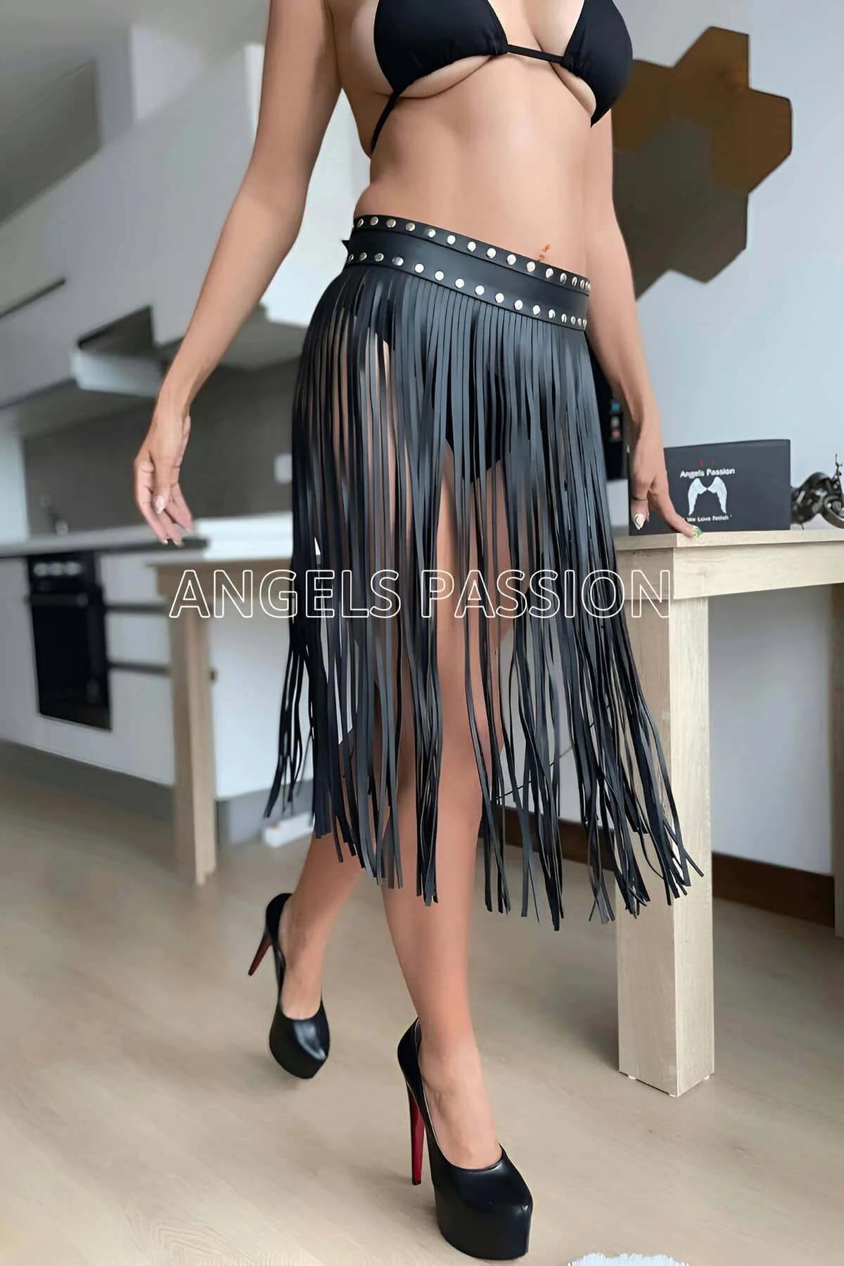 Side view of black fringe waist belt showing full strand length and movement