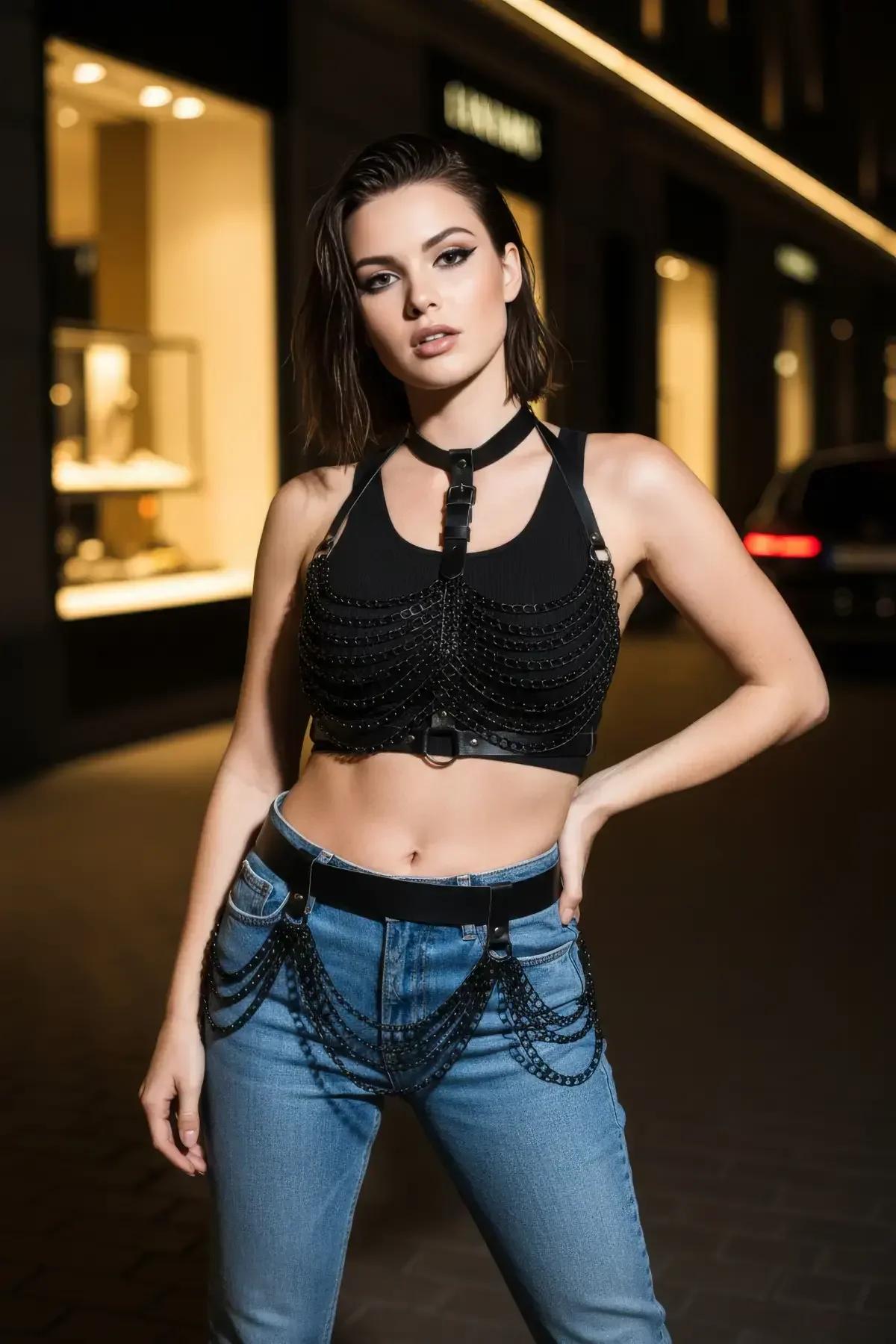 gümüş alaşım çoklu zincir göğüs bandı beyaz crop top kombinasyonu