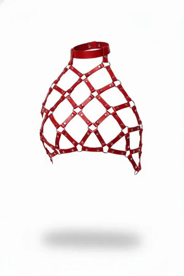 red faux leather cage harness top with diamond-grid straps, flush silver stud rivets, and choker neckband on white background
