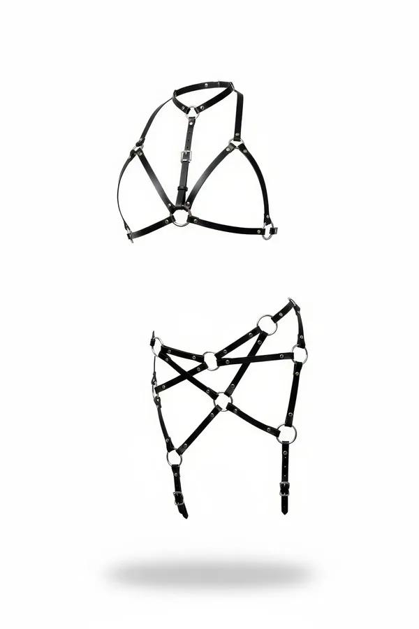 Black faux leather two-piece body harness set with silver O-rings, bra top and hip cage garter straps