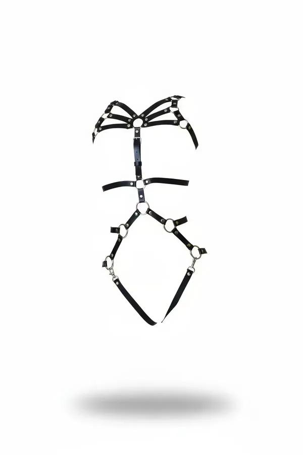 Black faux leather adjustable full body harness with silver O-ring accents covering chest, waist, and thighs