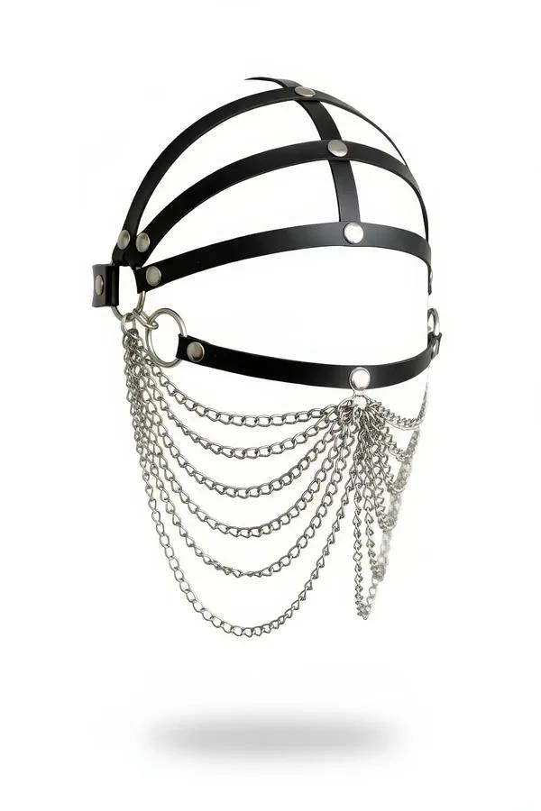 black faux leather full face mask with multiple cascading silver chain rows and O-ring detail, three-band cage structure
