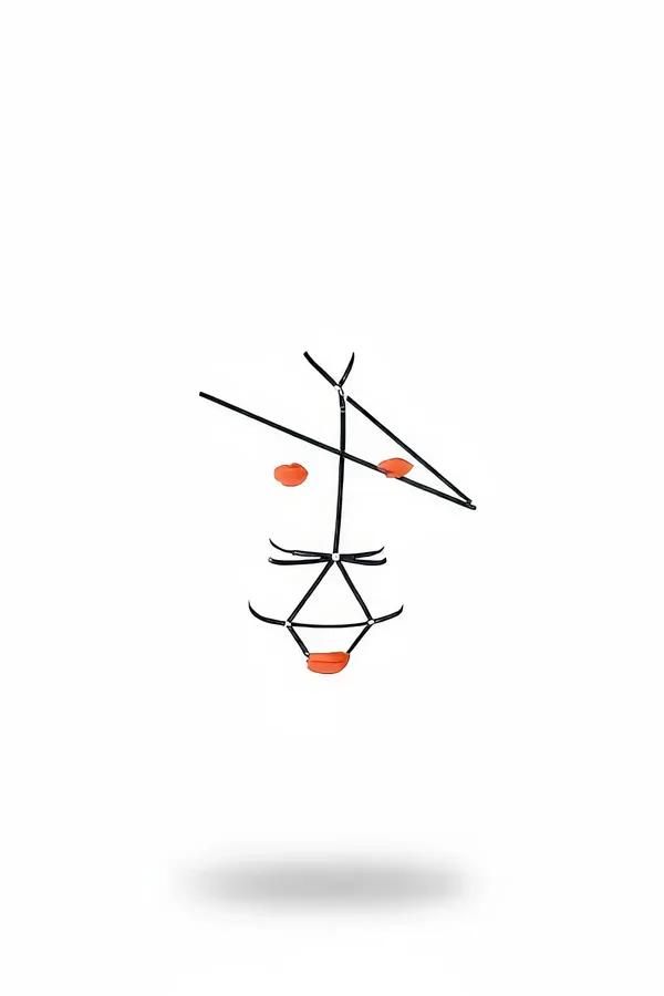 Black geometric body harness with orange accent panels and silver ring connectors, triangle strap configuration on white back