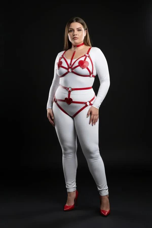 Red faux leather body harness and thong set with heart accent patches, silver O-rings, and matching choker worn over white bo