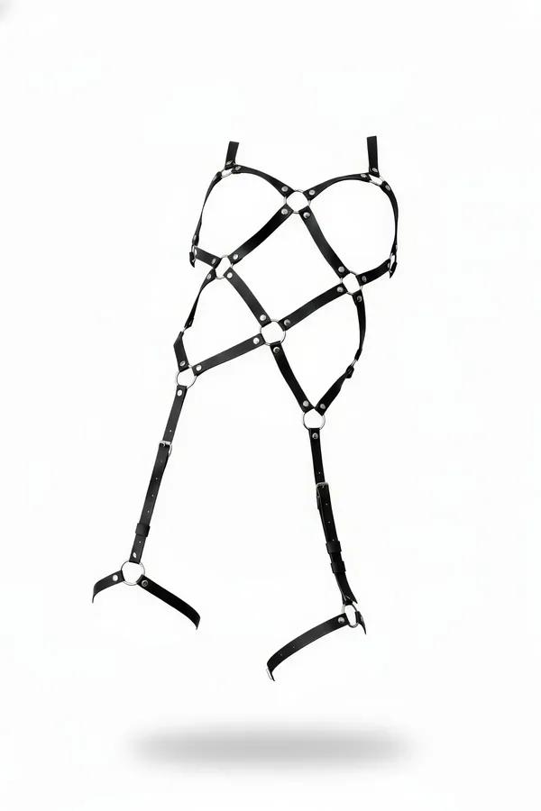 black faux leather caged full body harness with silver O-rings and adjustable thigh garter straps on white background