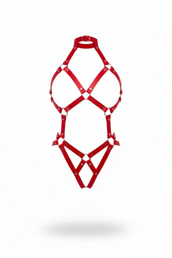 Strappy red faux leather full body harness with choker collar, geometric strap cage, and silver O-ring hardware on white back