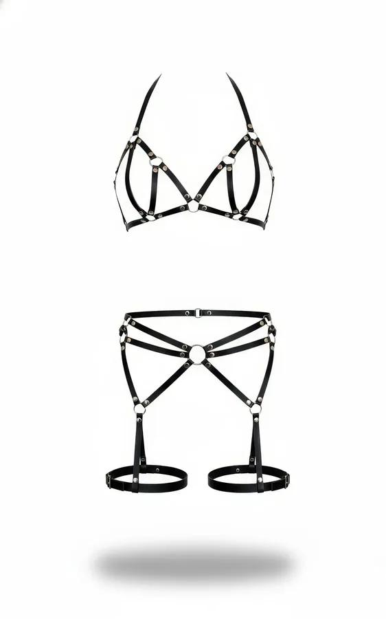 Black faux leather strappy harness bra and garter belt set with silver O-rings and adjustable thigh rings