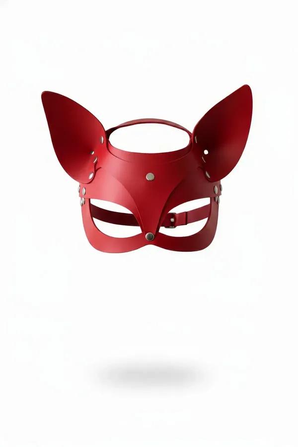 Red faux leather cat eye mask with pointed ears and silver rivet hardware, open-cut eye frame, front view