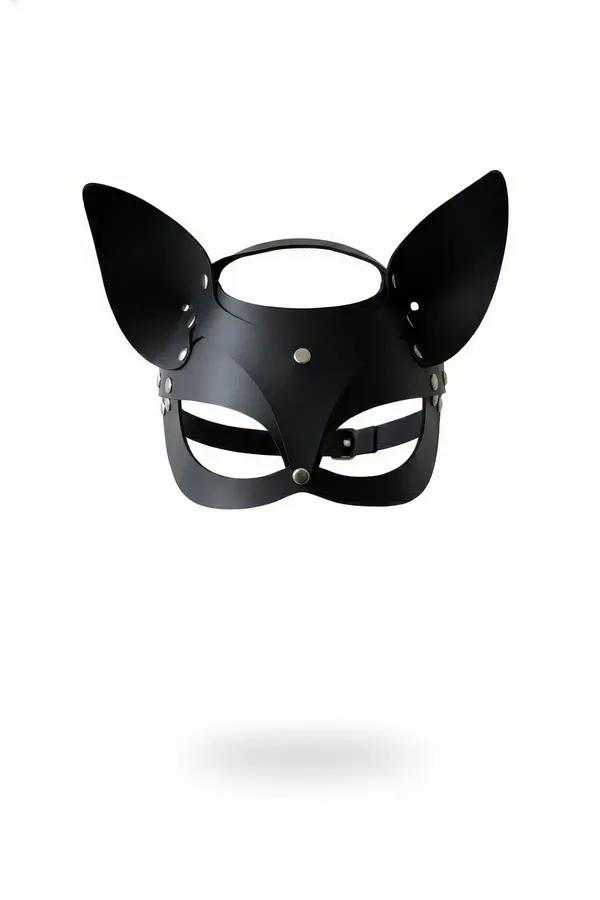 Black faux leather cat ear face mask with open oval eye cutouts and silver snap studs, front view