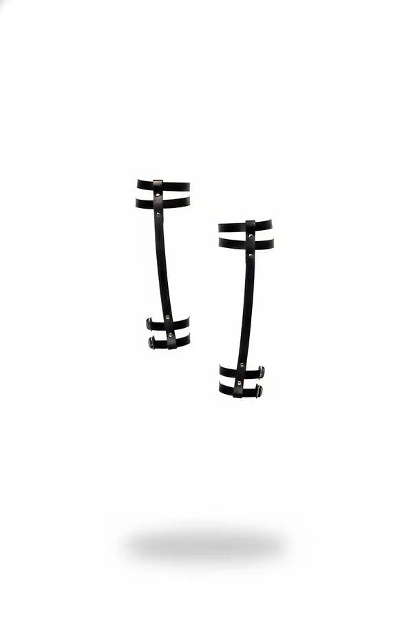 Black faux leather adjustable thigh garter harness set pair with dual horizontal bands and matte black rectangular buckles
