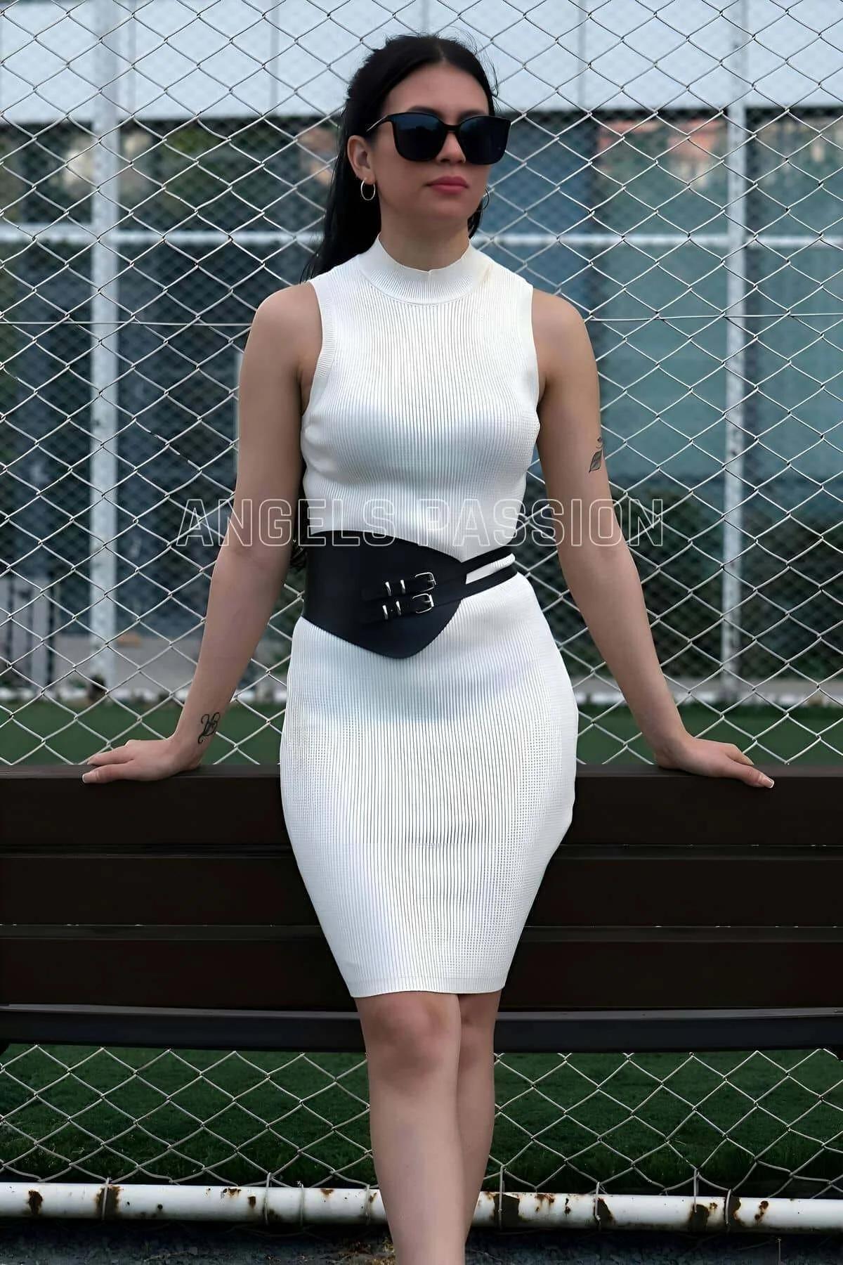 front view black PU leather waist cincher showing three stacked silver-tone buckles on center panel