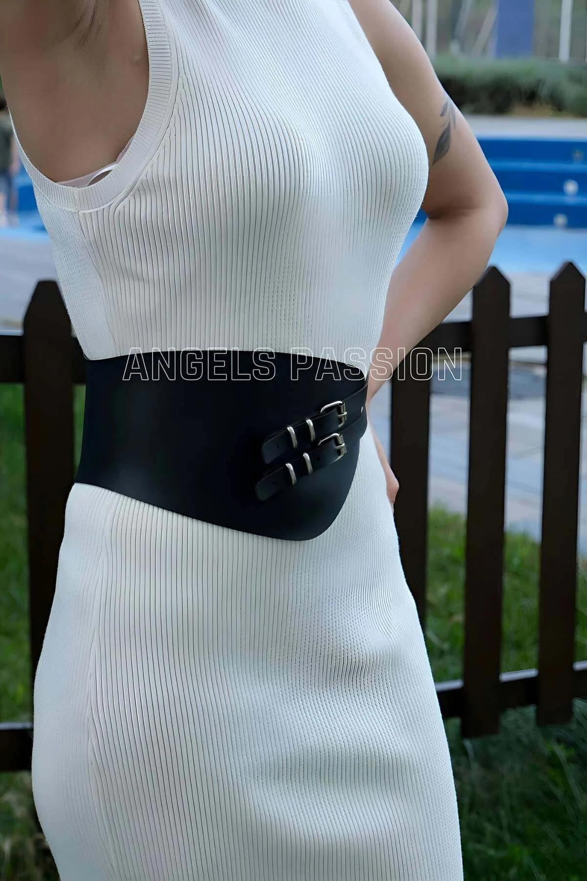 side profile black wide waist harness cincher with smooth matte faux leather panel and buckle detail