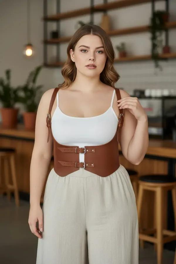 taba vegan deri korse kemer omuz askılı büyük beden çift altın tokalı geniş bel kemeri