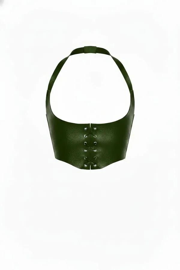 koyu yeşil faux leather korse tipi bel bandı bağcıklı ön kapama halter askılı