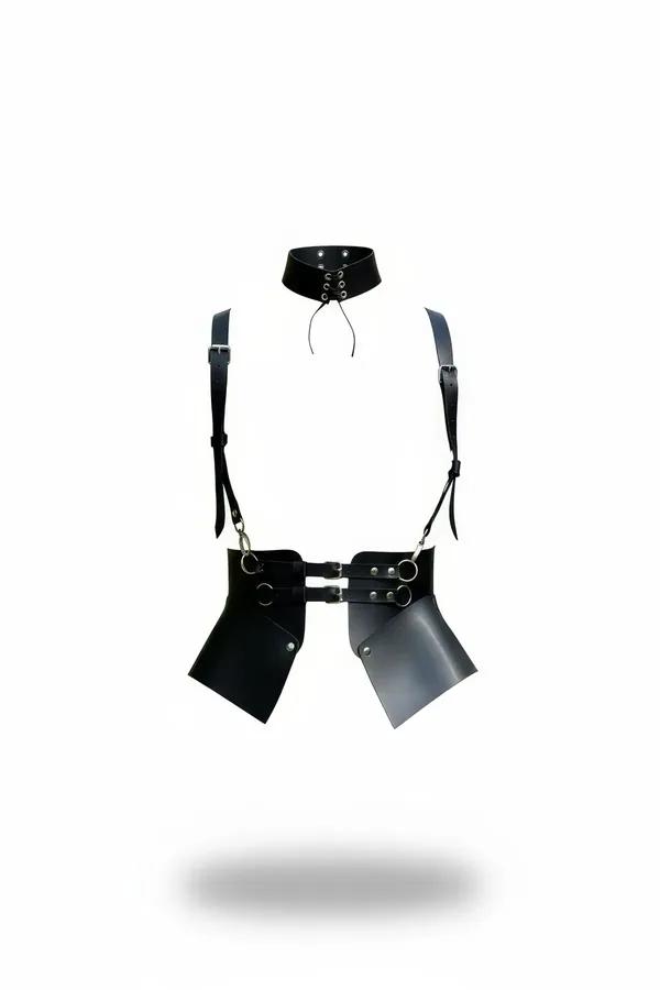 Black faux leather choker harness with wide waist belt and two detachable trapezoid skirt panels, silver buckle hardware, fro
