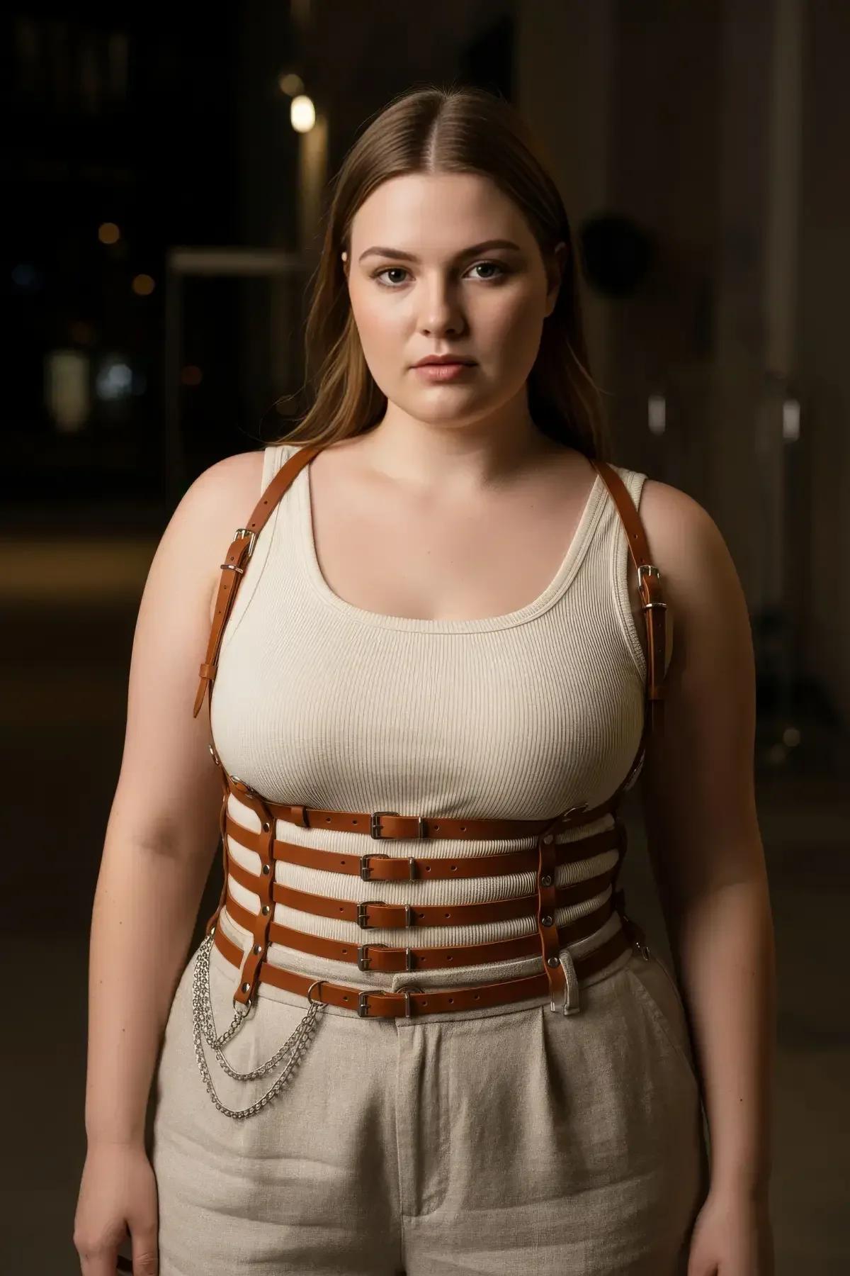 taba korse harness gümüş metal toka ve halka donanımı yakın çekim detay