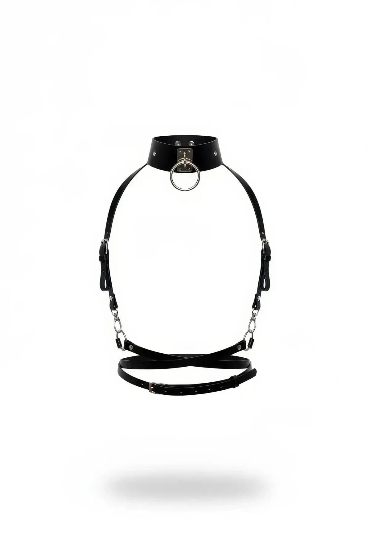 siyah vegan deri kemer harness choker yaka gümüş O-halka ve zincir detaylı kadın aksesuar