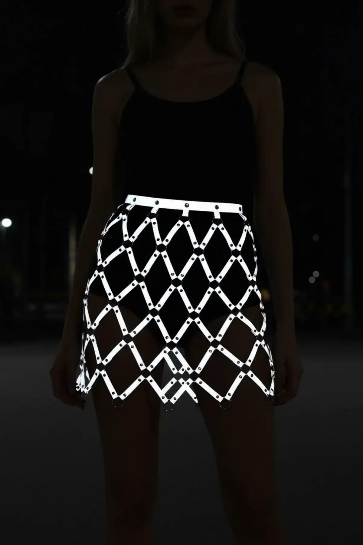 diamond pattern harness skirt waistband hook-and-eye closure detail silver hardware