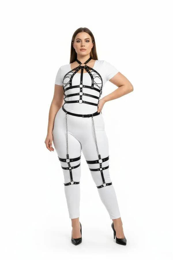 black faux leather plus size full body harness with silver chain thigh drops and crisscross chest cage worn over white outfit