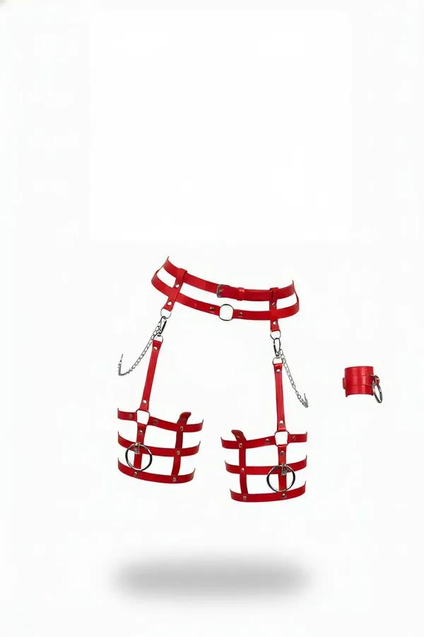 Red vegan leather waist and thigh harness set with detachable silver chains, triple-strap thigh cages, silver O-rings, and ma