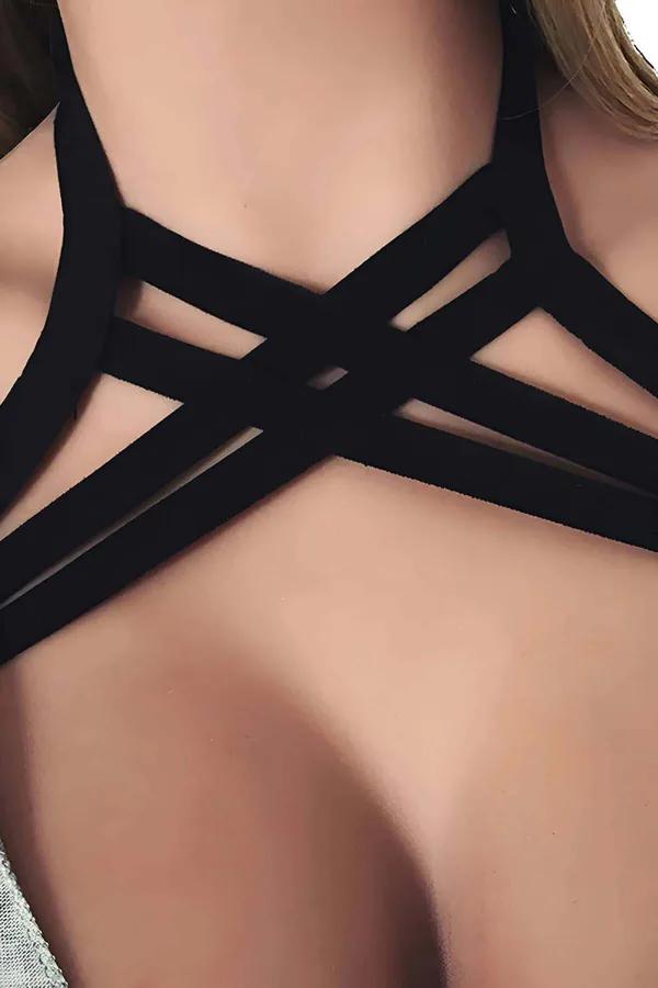 black elastic cross-strap chest harness cage pattern X form close-up