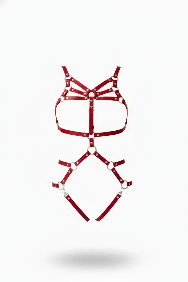 Red faux leather full body harness with silver O-rings, three-band chest cage and adjustable thigh garter straps