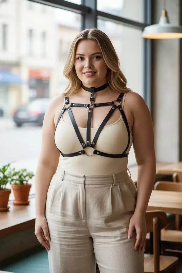 büyük beden siyah vegan deri vücut kemeri choker detaylı gümüş O-halka perçin