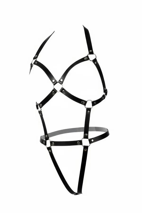 Black faux leather body harness with silver O-ring junctions and X-cross chest strap design, full torso view