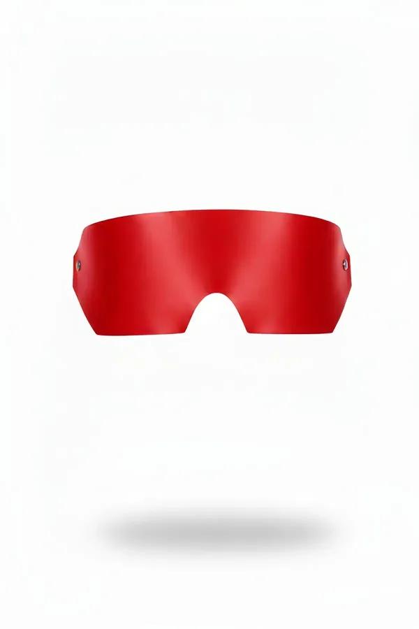 Red faux leather blindfold eye mask with smooth glossy finish and silver rivets at temples, visor-style nose cutout