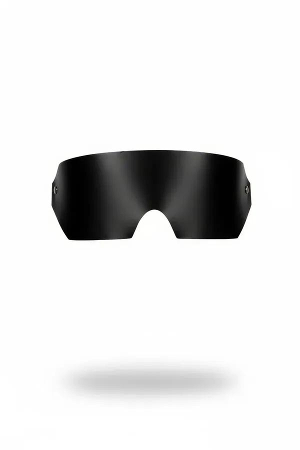 black faux leather wide cut blindfold with dome rivets shield silhouette flat lay on white background